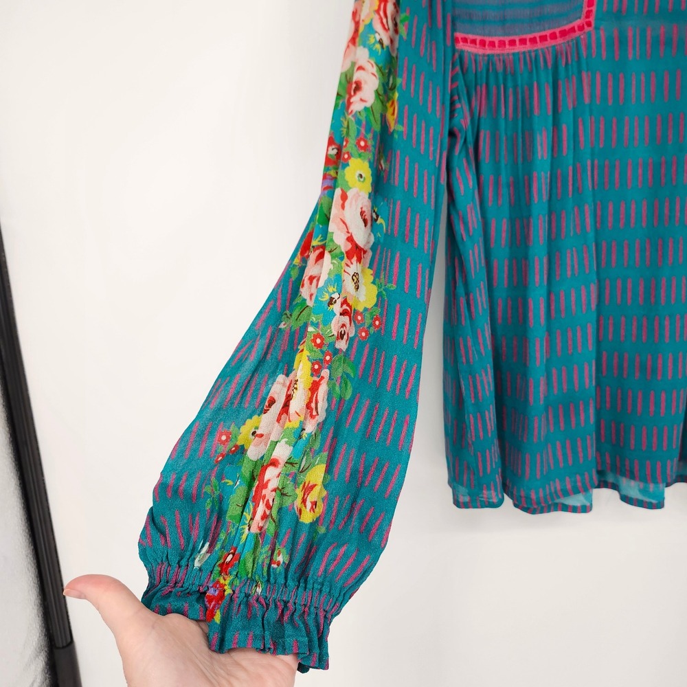 Blank London Teal Pink Boho Cottage Floral Top Women XS Whimsical Eclectic Artsy - Picture 11 of 11